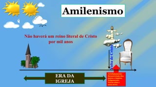 Arrebatamento
Ressurreição dos
justos e ímpios;
Julgamento;
Novos céus e
nova terra
Amilenismo
Volta
de
Cristo
Não haverá um reino literal de Cristo
por mil anos
ERA DA
IGREJA
 