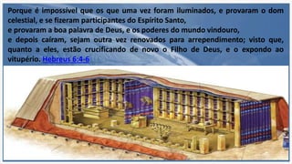 Porque é impossível que os que uma vez foram iluminados, e provaram o dom
celestial, e se fizeram participantes do Espírito Santo,
e provaram a boa palavra de Deus, e os poderes do mundo vindouro,
e depois caíram, sejam outra vez renovados para arrependimento; visto que,
quanto a eles, estão crucificando de novo o Filho de Deus, e o expondo ao
vitupério. Hebreus 6:4-6
 