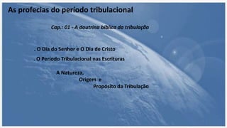 As profecias do período tribulacional
. O Dia do Senhor e O Dia de Cristo
. O Período Tribulacional nas Escrituras
A Natureza,
Origem e
Propósito da Tribulação
Cap.: 01 - A doutrina bíblica da tribulação
 