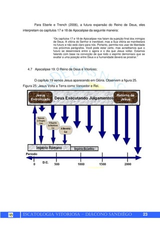 ESCATOLOGIA VITORIOSA – DIÁCONO SANDIÊGO 23
Para Eberle e Trench (2006), a futura expansão do Reino de Deus, eles
interpretam os capítulos 17 e 18 de Apocalipse da seguinte maneira:
“Os capítulos 17 e 18 de Apocalipse nos falam da sujeição final dos inimigos
de Deus. A vitória do Senhor é inevitável, mas a Sua vitória se manifestará
no futuro e não está claro para nós. Portanto, permita-nos usar de liberdade
nos próximos parágrafos. Você pode estar certo, mas acreditamos que o
futuro se desenrolará entre o agora e o dia que Jesus voltar. Estamos
falando com base na convicção de que todo o espírito demoníaco que se
exaltar a uma posição entre Deus e a humanidade deverá se prostrar.”
4.7 Apocalipse 19: O Reino de Deus é Vitorioso;
O capítulo 19 vemos Jesus aparecendo em Glória. Observem a figura 25.
Figura 25: Jesus Volta a Terra como Vencedor e Rei.
 