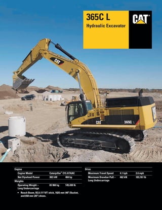 ®®
Engine
Engine Model Caterpillar
®
C15 ATAAC
Net Flywheel Power 302 kW 404 hp
Weights
Operating Weight – 65 960 kg 145,430 lb
Long Undercarriage
• Reach Boom, R3.6 (11'10") stick, 1025 mm (40") Bucket,
and 650 mm (26") shoes.
Drive
Maximum Travel Speed 4.1 kph 2.6 mph
Maximum Drawbar Pull – 462 kN 103,767 lb
Long Undercarriage
365C L
Hydraulic Excavator
 