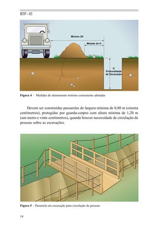 RTP - 03




                                      Mínimo 2H

                                                  Metade de H




                                                                     H
                                                                Profundidade
                                                                de Escavação




Figura 4 – Medidas de afastamento mínimo comumente adotadas



    Devem ser construídas passarelas de largura mínima de 0,80 m (oitenta
centímetros), protegidas por guarda-corpos com altura mínima de 1,20 m
(um metro e vinte centímetros), quando houver necessidade de circulação de
pessoas sobre as escavações.




Figura 5 – Passarela em escavação para circulação de pessoas


14
 
