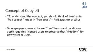 #ESCBOS
Concept of Copyleft
• “To understand the concept, you should think of ‘free’ as in
‘free speech,’ not as in ‘free beer’.” – RMS (Author of GPL)
• To keep open source software “free,” terms and conditions
apply requiring licensed users to preserve that “freedom” for
downstream users.
 