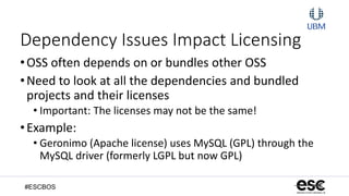 #ESCBOS27
Dependency Issues Impact Licensing
•OSS often depends on or bundles other OSS
•Need to look at all the dependencies and bundled
projects and their licenses
• Important: The licenses may not be the same!
•Example:
• Geronimo (Apache license) uses MySQL (GPL) through the
MySQL driver (formerly LGPL but now GPL)
 