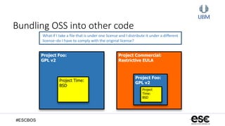 #ESCBOS
Bundling OSS into other code
Project Foo:
GPL v2
Project Time:
BSD
Project Commercial:
Restrictive EULA
Project Foo:
GPL v2
Project
Time:
BSD
What if I take a file that is under one license and I distribute it under a different
license–do I have to comply with the original license?
 