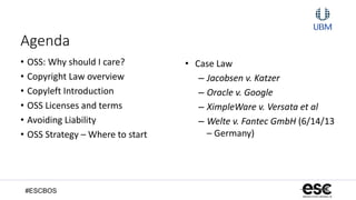 #ESCBOS
Agenda
• OSS: Why should I care?
• Copyright Law overview
• Copyleft Introduction
• OSS Licenses and terms
• Avoiding Liability
• OSS Strategy – Where to start
• Case Law
– Jacobsen v. Katzer
– Oracle v. Google
– XimpleWare v. Versata et al
– Welte v. Fantec GmbH (6/14/13
– Germany)
 