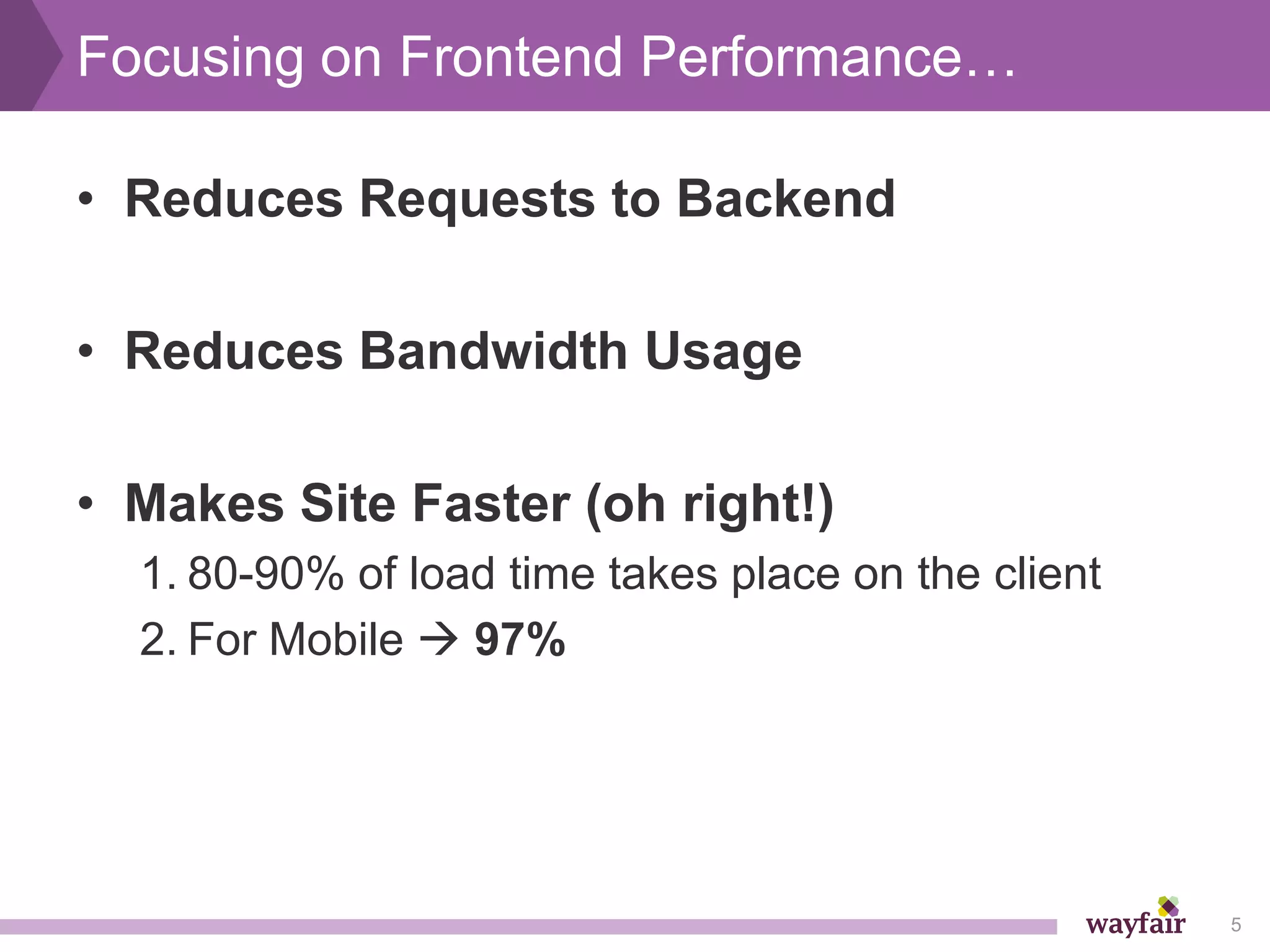 Focusing on Frontend Performance…

• Reduces Requests to Backend

• Reduces Bandwidth Usage

• Makes Site Faster (oh right!)
  1. 80-90% of load time takes place on the client
  2. For Mobile  97%




                                                     5
 
