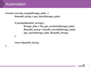 Automation

function encode_image($image_path) {
        $base64_string = apc_fetch($image_path);

       if (empty($base64_string)) {
                $image_data = file_get_contents($image_path);
                $base64_string = base64_encode($image_data);
                apc_store($image_path, $base64_string);
       }

       return $base64_string;
}




                                                                17
 