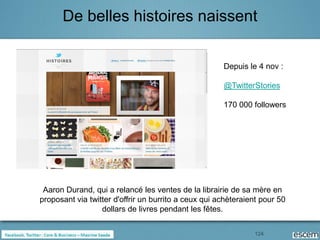 De belles histoires naissent

                                                      Depuis le 4 nov :

                                                      @TwitterStories

                                                      170 000 followers




 Aaron Durand, qui a relancé les ventes de la librairie de sa mère en
proposant via twitter d'offrir un burrito a ceux qui achèteraient pour 50
                  dollars de livres pendant les fêtes.

                                                               124
 