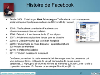 Histoire de Facebook

•   Février 2004 : Création par Mark Zukerberg de Thefacebook.com comme réseau
    social uniquement dédié aux étudiants de l'Université de Harvard

•   2005 : Thefacebook.com devient Facebook.com
    et ouverture aux écoles secondaires
•   2006 : Extension à tout internaute de 13 ans et plus
•   2007 : Arrivée des applications tierces pour se distraire
•   2008 : le Chat arrive ainsi que la version française
•   2009 : Fonctionnalité de micro-blogging + application Iphone
    200 millions de membres
•   2010 : Fonction messagerie
•   2011 : Fonction messagerie instantané

    Ce réseau permettant de rester en contact et d'échanger avec les personnes qui
    vous entourent (amis, collègues de travail, camarades de classe, autres
    personnes…) regroupe à ce jour 685 millions de membres (juin 2011), soit 10 fois la
    population française. En France, on en compte 20 millions (2011).

                                                                          27
 