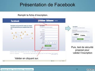 Présentation de Facebook

   Remplir la fiche d’inscription.




                                     Puis, test de sécurité
                                         proposé pour
                                      valider l’inscription

Valider en cliquant sur.



                                         33
 