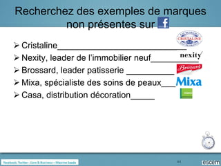 Recherchez des exemples de marques
         non présentes sur
 Cristaline___________________________
 Nexity, leader de l’immobilier neuf__________
 Brossard, leader patisserie __________
 Mixa, spécialiste des soins de peaux___
 Casa, distribution décoration_____




                                         44
 