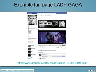 Exemple fan page LADY GAGA




 https://www.facebook.com/ladygaga?sk=app_157391050947062

                                                 74
 