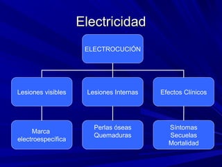 EElleeccttrriicciiddaadd 
ELECTROCUCIÓN 
Lesiones visibles Lesiones Internas Efectos Clínicos 
Marca 
electroespecífica 
Perlas óseas 
Quemaduras 
Síntomas 
Secuelas 
Mortalidad 
 