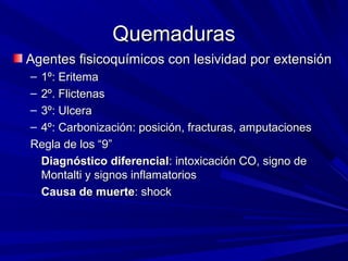 QQuueemmaadduurraass 
AAggeenntteess ffiissiiccooqquuíímmiiccooss ccoonn lleessiivviiddaadd ppoorr eexxtteennssiióónn 
– 11º:: EErriitteemmaa 
– 22º.. FFlliicctteennaass 
– 33º:: UUllcceerraa 
– 44º:: CCaarrbboonniizzaacciióónn:: ppoossiicciióónn,, ffrraaccttuurraass,, aammppuuttaacciioonneess 
RReeggllaa ddee llooss ““99”” 
DDiiaaggnnóóssttiiccoo ddiiffeerreenncciiaall:: iinnttooxxiiccaacciióónn CCOO,, ssiiggnnoo ddee 
MMoonnttaallttii yy ssiiggnnooss iinnffllaammaattoorriiooss 
CCaauussaa ddee mmuueerrttee:: sshhoocckk 
 