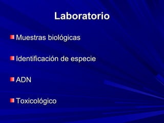 LLaabboorraattoorriioo 
MMuueessttrraass bbiioollóóggiiccaass 
IIddeennttiiffiiccaacciióónn ddee eessppeecciiee 
AADDNN 
TTooxxiiccoollóóggiiccoo 
 