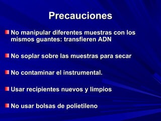 PPrreeccaauucciioonneess 
NNoo mmaanniippuullaarr ddiiffeerreenntteess mmuueessttrraass ccoonn llooss 
mmiissmmooss gguuaanntteess:: ttrraannssffiieerreenn AADDNN 
NNoo ssooppllaarr ssoobbrree llaass mmuueessttrraass ppaarraa sseeccaarr 
NNoo ccoonnttaammiinnaarr eell iinnssttrruummeennttaall.. 
UUssaarr rreecciippiieenntteess nnuueevvooss yy lliimmppiiooss 
NNoo uussaarr bboollssaass ddee ppoolliieettiilleennoo 
 