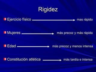 RRiiggiiddeezz 
EEjjeerrcciicciioo ffííssiiccoo mmaass rrááppiiddoo 
MMuujjeerreess mmááss pprreeccoozz yy mmááss rrááppiiddaa 
EEddaadd mmááss pprreeccoozz yy mmeennooss iinntteennssaa 
CCoonnssttiittuucciióónn aattllééttiiccaa mmááss ttaarrddííaa ee iinntteennssaa 
 