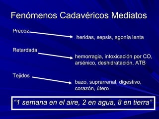 Fenómenos CCaaddaavvéérriiccooss MMeeddiiaattooss 
PPrreeccoozz 
hheerriiddaass,, sseeppssiiss,, aaggoonnííaa lleennttaa 
RReettaarrddaaddaa 
hheemmoorrrraaggiiaa,, iinnttooxxiiccaacciióónn ppoorr CCOO,, 
aarrsséénniiccoo,, ddeesshhiiddrraattaacciióónn,, AATTBB 
TTeejjiiddooss 
bbaazzoo,, ssuupprraarrrreennaall,, ddiiggeessttiivvoo,, 
ccoorraazzóónn,, úútteerroo 
““11 sseemmaannaa eenn eell aaiirree,, 22 eenn aagguuaa,, 88 eenn ttiieerrrraa”” 
 
