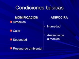 CCoonnddiicciioonneess bbáássiiccaass 
MMOOMMIIFFIICCAACCIIÓÓNN 
AAiirreeaacciióónn 
CCaalloorr 
SSeeqquueeddaadd 
RReessgguuaarrddoo aammbbiieennttaall 
ADIPOCIRA 
• Humedad 
• Ausencia de 
aireación 
 