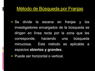 Método de Búsqueda por Franjas
 Se divide la escena en franjas y los
investigadores encargados de la búsqueda se
dirigen en línea recta por la zona que les
corresponde, haciendo una búsqueda
minuciosa. Este método es aplicable a
espacios abiertos y grandes.
 Puede ser horizontal o vertical.
 