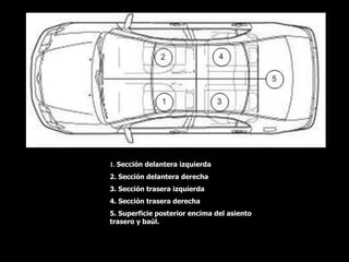 1. Sección delantera izquierda
2. Sección delantera derecha
3. Sección trasera izquierda
4. Sección trasera derecha
5. Superficie posterior encima del asiento
trasero y baúl.
 