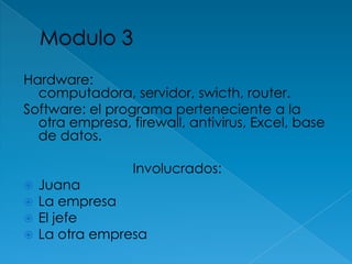 Modulo 3Hardware: computadora, servidor, swicth, router.Software: el programa perteneciente a la otra empresa, firewall, antivirus, Excel, base de datos.Involucrados:JuanaLa empresaEl jefe La otra empresa