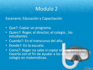Modulo 2Escenario: Educación y CapacitaciónQue?: Copiar un programa.Quien?: Roger, el director, el colegio , los estudiantes.Cuando?: En el transcurso del año.Donde?: En la escuela.Como?: Roger no sabe si copiar el programa o no hacerlo con el fin de ayudar a los estudiantes del colegio en matemáticas. 