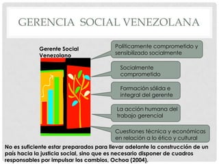 GERENCIA SOCIAL VENEZOLANA

            Gerente Social               Políticamente comprometido y
            Venezolano                   sensibilizado socialmente

                                           Socialmente
                                           comprometido

                                           Formación sólida e
                                           integral del gerente

                                         La acción humana del
                                         trabajo gerencial

                                         Cuestiones técnica y económicas
                                         en relación a lo ético y cultural
No es suficiente estar preparados para llevar adelante la construcción de un
país hacia la justicia social, sino que es necesario disponer de cuadros
responsables por impulsar los cambios, Ochoa (2004).
 