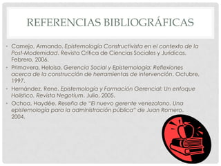 REFERENCIAS BIBLIOGRÁFICAS

• Camejo, Armando. Epistemología Constructivista en el contexto de la
  Post-Modernidad. Revista Crítica de Ciencias Sociales y Jurídicas.
  Febrero, 2006.
• Primavera, Heloisa. Gerencia Social y Epistemología: Reflexiones
  acerca de la construcción de herramientas de intervención. Octubre,
  1997.
• Hernández, Rene. Epistemología y Formación Gerencial: Un enfoque
  Holístico. Revista Negotium. Julio, 2005.
• Ochoa, Haydée. Reseña de “El nuevo gerente venezolano. Una
  epistemología para la administración pública” de Juan Romero.
  2004.
 