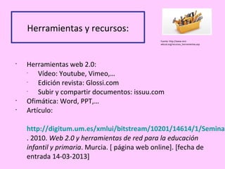 Herramientas y recursos:
                                             Fuente: http://www.reni-
                                             wbcsd.org/recursos_herramientas.asp




•
    Herramientas web 2.0:
    -
        Vídeo: Youtube, Vimeo,…
    -
        Edición revista: Glossi.com
    -
        Subir y compartir documentos: issuu.com
•
    Ofimática: Word, PPT,…
•
    Artículo:

    http://digitum.um.es/xmlui/bitstream/10201/14614/1/Seminar
    . 2010. Web 2.0 y herramientas de red para la educación
    infantil y primaria. Murcia. [ página web online]. [fecha de
    entrada 14-03-2013]
 