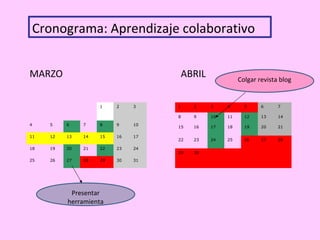 Cronograma: Aprendizaje colaborativo


MARZO                              ABRIL               Colgar revista blog


                    1    2    3    1    2    3    4      5     6     7

                                   8    9    10   11     12    13    14

4    5    6    7    8    9    10
                                   15   16   17   18     19    20    21

11   12   13   14   15   16   17
                                   22   23   24   25     26    27    28

18   19   20   21   22   23   24
                                   29   30
25   26   27   28   29   30   31




           Presentar
          herramienta
 