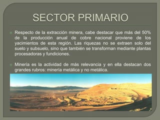 SECTOR PRIMARIORespecto de la extracción minera, cabe destacar que más del 50% de la producción anual de cobre nacional proviene de los yacimientos de esta región. Las riquezas no se extraen solo del suelo y subsuelo, sino que también se transforman mediante plantas procesadoras y fundiciones.Minería es la actividad de más relevancia y en ella destacan dos grandes rubros: minería metálica y no metálica.