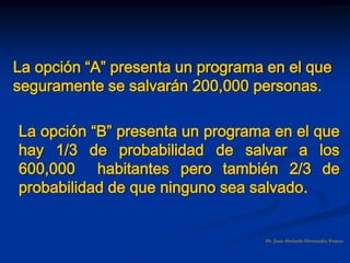 La opción “A” presenta un programa en el que
seguramente se salvarán 200,000 personas.
Dr. Juan Abelardo Hernández Franco
La opción “B” presenta un programa en el que
hay 1/3 de probabilidad de salvar a los
600,000 habitantes pero también 2/3 de
probabilidad de que ninguno sea salvado.
 