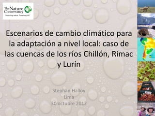 Escenarios de cambio climático para
la adaptación a nivel local: caso de
las cuencas de los ríos Chillón, Rímac
y Lurín
Stephan Halloy
Lima
30 octubre 2012
 