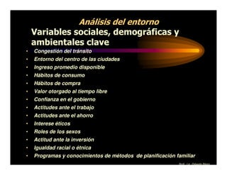 Análisis del entorno
    Variables sociales, demográficas y
    ambientales clave
•   Congestión del tránsito
•   Entorno del centro de las ciudades
•   Ingreso promedio disponible
•   Hábitos de consumo
•   Hábitos de compra
•   Valor otorgado al tiempo libre
•   Confianza en el gobierno
•   Actitudes ante el trabajo
•   Actitudes ante el ahorro
•   Interese éticos
•   Roles de los sexos
•   Actitud ante la inversión
•   Igualdad racial o étnica
•   Programas y conocimientos de métodos de planificación familiar
                                                           Prof. Lic. Orlando Pérez
 