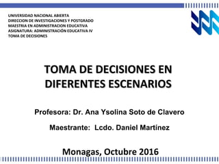 UNIVERSIDAD NACIONAL ABIERTA
DIRECCION DE INVESTIGACIONES Y POSTGRADO
MAESTRIA EN ADMINISTRACION EDUCATIVA
ASIGNATURA: ADMINISTRACIÓN EDUCATIVA IV
TOMA DE DECISIONES
TOMA DE DECISIONES ENTOMA DE DECISIONES EN
DIFERENTES ESCENARIOSDIFERENTES ESCENARIOS
Monagas, Octubre 2016
Maestrante: Lcdo. Daniel Martínez
Profesora: Dr. Ana Ysolina Soto de Clavero
 