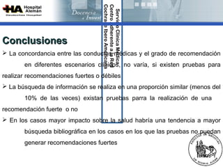 Cochrane Ibero Americana
                                   Centro Adherente a la Red 
                                    Servicio Clínica Médica
Conclusiones
 La concordancia entre las conductas médicas y el grado de recomendación
       en diferentes escenarios clínicos, no varía, si existen pruebas para
realizar recomendaciones fuertes o débiles
 La búsqueda de información se realiza en una proporción similar (menos del
       10% de las veces) existan pruebas parra la realización de una
recomendación fuerte o no
 En los casos mayor impacto sobre la salud habría una tendencia a mayor
       búsqueda bibliográfica en los casos en los que las pruebas no puedan
       generar recomendaciones fuertes
 