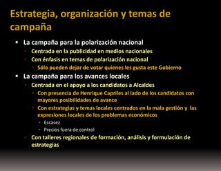 Estrategia, organización y temas de
campaña
 La campaña para la polarización nacional
 Centrada en la publicidad en medios nacionales
 Con énfasis en temas de polarización nacional

 Sólo pueden dejar de votar quienes les gusta este Gobierno

 La campaña para los avances locales
 Centrada en el apoyo a los candidatos a Alcaldes

 Con presencia de Henrique Capriles al lado de los candidatos con
mayores posibilidades de avance
 Con estrategias y temas locales centrados en la mala gestión y las
expresiones locales de los problemas económicos
 Escasez
 Precios fuera de control

 Con talleres regionales de formación, análisis y formulación de

estrategias

 