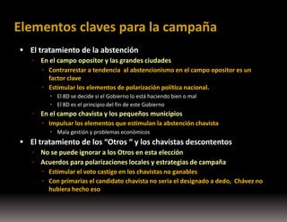 Elementos claves para la campaña
 El tratamiento de la abstención


En el campo opositor y las grandes ciudades
 Contrarrestar a tendencia al abstencionismo en el campo opositor es un
factor clave
 Estimular los elementos de polarización política nacional.
 El 8D se decide si el Gobierno lo está haciendo bien o mal
 El 8D es el principio del fin de este Gobierno



En el campo chavista y los pequeños municipios
 Impulsar los elementos que estimulan la abstención chavista
 Mala gestión y problemas económicos

 El tratamiento de los “Otros “ y los chavistas descontentos
No se puede ignorar a los Otros en esta elección
 Acuerdos para polarizaciones locales y estrategias de campaña


 Estimular el voto castigo en los chavistas no ganables
 Con primarias el candidato chavista no seria el designado a dedo, Chávez no
hubiera hecho eso

 