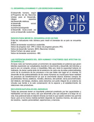 14
EL DESARROLLO HUMANO Y LOS DERECHOS HUMANOS
El desarrollo humano, según
el Programa de las Naciones
Unidas para el Desarrollo,
integra aspectos
del desarrollo relativos
al desarrollo social,
el desarrollo
económico(incluyendo
el desarrollo local y rural) así
como el desarrollo sostenible.
ÍNDICES PARA MEDIR EL DESARROLLO DE UN PAÍS
Entre los indicadores más idóneos para medir el bienestar de un país se encuentra
el IDH:
Índice de bienestar económico sostenible.
Índice de progreso real - IPR o índice de progreso genuino IPG.
Índice de desarrollo humano (IDH) (Naciones Unidas)
Índice Forham de salud social
Índice de bienestar económico - IBE.
LAS POTENCIALIDADES DEL SER HUMANO Y FACTORES QUE AFECTAN SU
DESARROLLO.
Al nacer, todo ser humano posee un sinnúmero de capacidades en potencia que yacen
latentes esperando ser actualizados durante el crecimiento y desarrollo del individuo y
que le son, en conjunto, únicas e irrepetibles. Más aún, tiene la capacidad todavía no
realizada, de darse cuenta tanto de la existencia de cada una de estas potencialidades
como de la ocurrencia de los procesos a los que éstas dan lugar en sí mismas. El
desarrollo de las potencialidades de los seres humanos es crucial para hacer realidad
los procesos de transformación ya que el crecimiento abarca diversos campos de
posibilidades: físicos, estéticos, morales, afectivos, del carácter, de la psicomotricidad,
del intelecto, del trabajo, etcétera, estos derechos son parte integral de un sistema de
vínculos que tiende a la auto conservación de la especie y al establecimiento de
relaciones más productivas.
RECURSOS NATURALES DEL INDIVIDUO
Todas las personas tienen un importante potencial constituido por las capacidades y
habilidades con las que nace y las que desarrolla y las que adquiere a lo largo de su
vida. Ese potencial está en relación directa con todo lo que nuestro cerebro nos permite
hacer, pero en la misma medida también depende de nosotros mismos, de cada uno
de nosotros, nuestra personalidad, experiencias y vivencias.
 