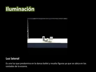 Luz lateral
Es una luz que predomina en la danza ballet y resalta figuras ya que se ubica en los
costados de la escena.
Iluminación
 