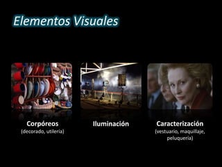 Elementos Visuales
Corpóreos
(decorado, utilería)
Iluminación Caracterización
(vestuario, maquillaje,
peluquería)
 