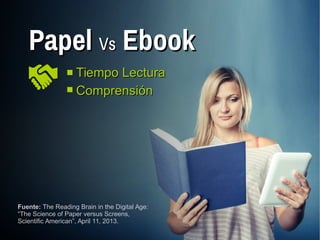 Fuente: The Reading Brain in the Digital Age:
“The Science of Paper versus Screens,
Scientific American”, April 11, 2013.
PapelPapel VsVs EbookEbook
Tiempo LecturaTiempo Lectura
ComprensiónComprensión
 