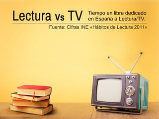 Lectura Vs TV Tiempo en libre dedicado
en España a Lectura/TV.
Fuente: Cifras INE «Hábitos de Lectura 2011»
 
