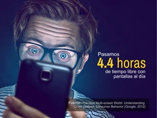 Fuente: The New Multi-screen World: Understanding
Cross-platform Consumer Behavior (Google, 2012)
Pasamos
de tiempo libre con
pantallas al día
4.4 horas
 