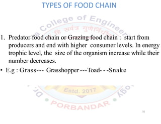 TYPES OF FOOD CHAIN
1. Predator food chain or Grazing food chain : start from
producers and end with higher consumer levels. In energy
trophic level, the size of the organism increase while their
number decreases.
• E.g : Grass--- Grasshopper---Toad- - -Snake
35
 