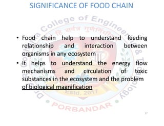 SIGNIFICANCE OF FOOD CHAIN
understand• Food chain
relationship
help to
and interaction
feeding
between
organisms in any ecosystem
understand
37
• It helps to
mechanisms and circulation
the energy
of
flow
toxic
substances in the ecosystem and the problem
of biological magnification
 