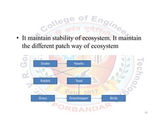 • It maintain stability of ecosystem. It maintain
the different patch way of ecosystem
Snake Hawks
ToadRabbit
Grass Grasshopper Birds
43
 
