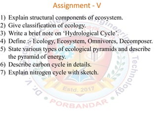 Assignment ‐ V
1) Explain structural components of ecosystem.
2) Give classification of ecology.
3) Write a brief note on ‘Hydrological Cycle’.
4) Define :- Ecology, Ecosystem, Omnivores, Decomposer.
5) State various types of ecological pyramids and describe
the pyramid of energy.
6) Describe carbon cycle in details.
7) Explain nitrogen cycle with sketch.
 